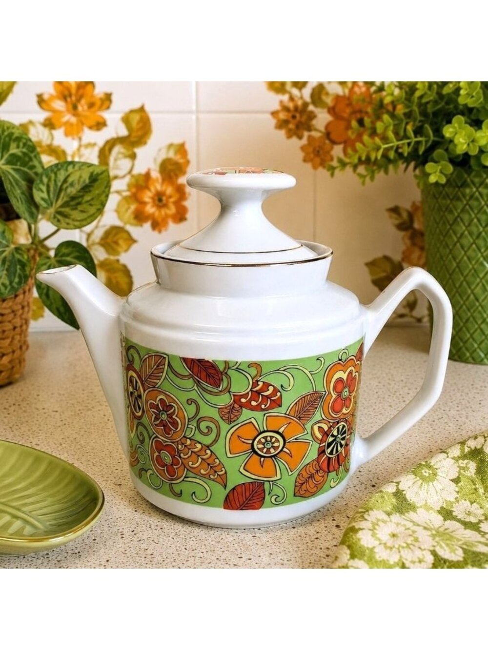 Vintage Retro 70s Tea Pot Kitchen Decor MCM Psychedelic Serving Pot Kitchenware